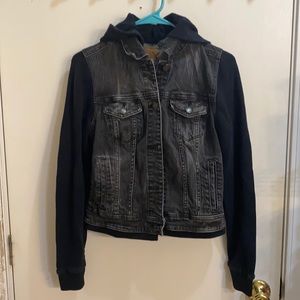 American eagle jean hooded jacket with sweatshirt sleeve